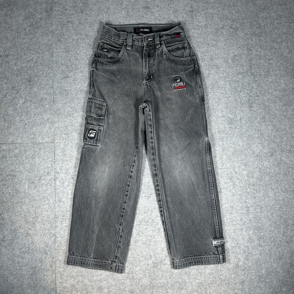 Vintage FUBU Denim Jeans Boys 12(26x26) Grey/Black Washed Y2K Baggy Cargo Skater